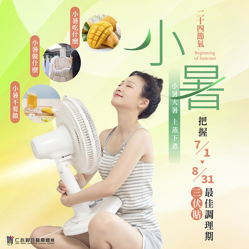 这张图片介绍小暑节气的养生重点，建议多吃芒果等清凉食物、注意调节体温，并把握7月1日至8月31日的「三伏贴」最佳调理期，提醒适量运动但避免过度冷饮，帮助身体顺应暑热天气、上蒸下煮的特点，达到养生效果。