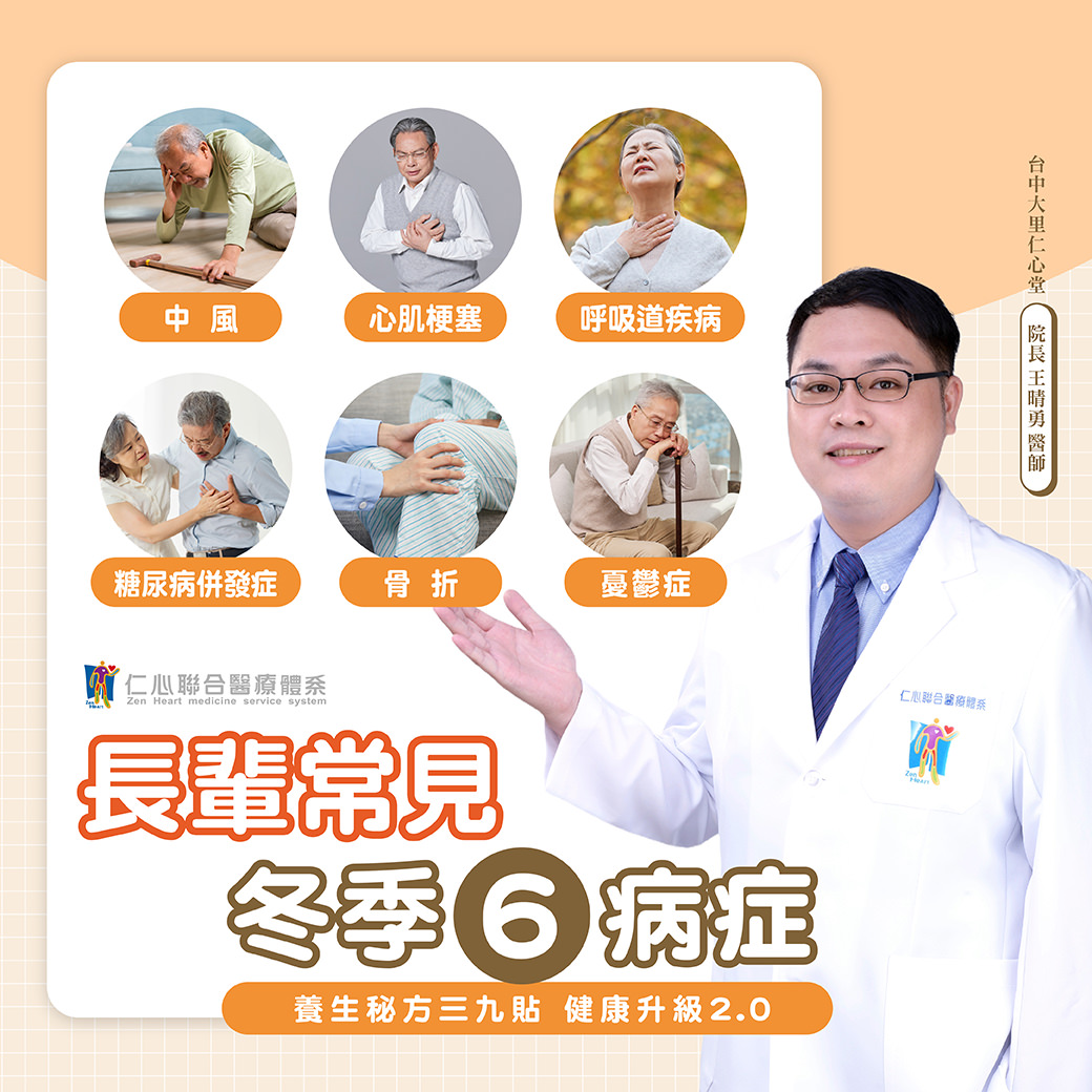 医生展示六种冬季常见疾病的图片，并推荐使用三九贴来增进健康，疾病包括中风、心肌梗塞、呼吸道疾病等。